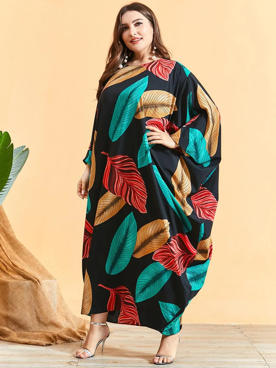 2021 Oversize Woman Dress Colorful Leaf Print Batwing Sleeve Maxi Long Dresses for Women Black Loose Muslim Abaya Robe