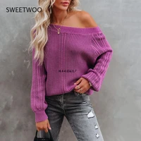2021 autumn and winter one word collar solid color personality hollow fashion knit sweater pullover sweater women