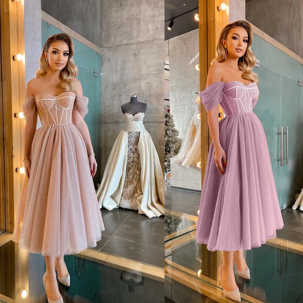 

Wedding Party Pink Bridesmaid Dresses Tea Length Mesh Prom Gown Women Midi Corset Dress Vintage Off Shoulder Tube Ball Vestido