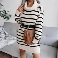 women elegant knee length knitted pullover women high neck striped knitted sweater dress autumn winter 2021 fashion long sweater
