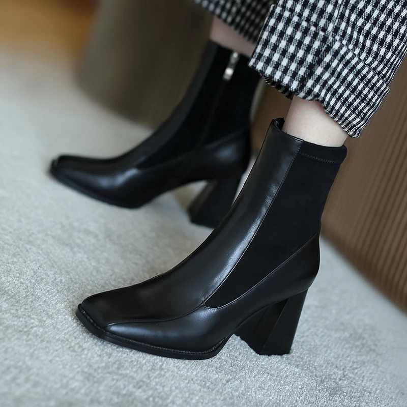 

Fashion Brand High heels Boots Women Genuine Leather Ankle Boots Zipper Warm Autumn Winter Ladies Shoes Woman
