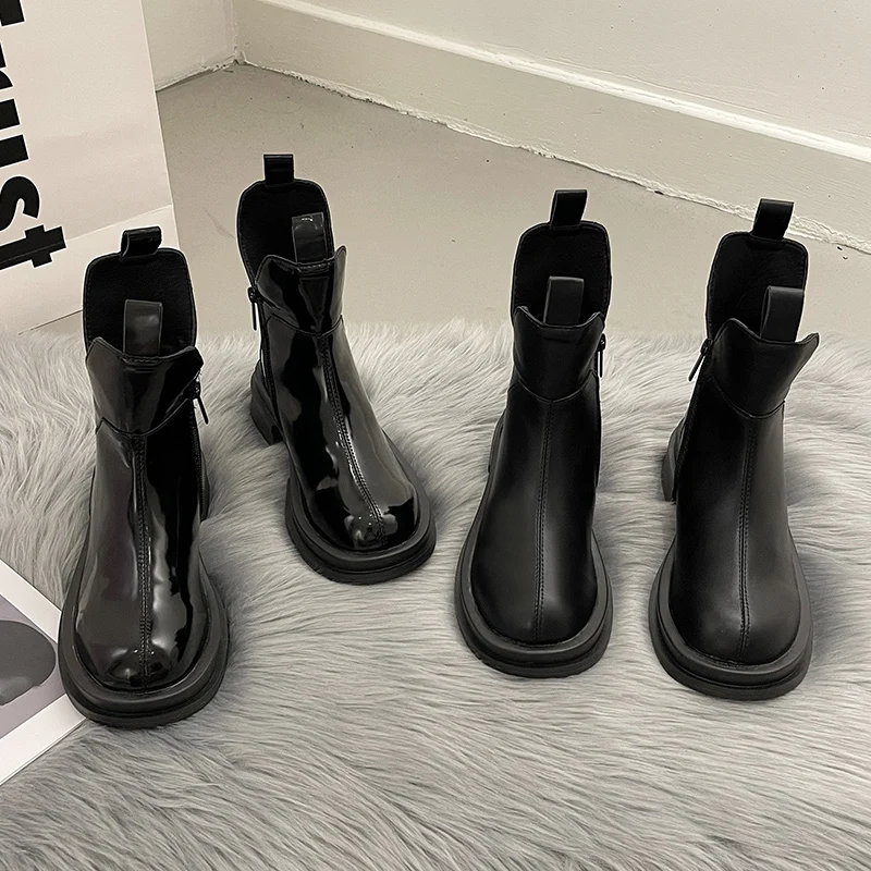 

Женские ботинки с круглым носком, черные ботинки на плоской подошве, до середины икры, из резины, без застежки, для осени, 2021