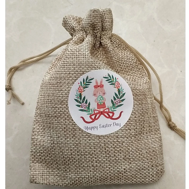 

10 Pcs Easter Burlap Goody Bags Egg Bunny Chick Sticker Treat Drawstring Linen Bags For Easter Party Favor Supply