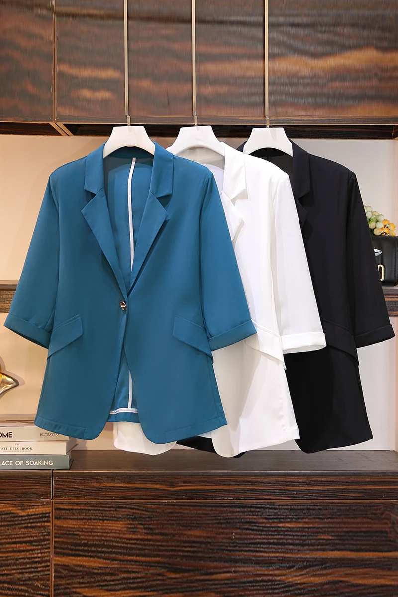 

SuperAen 2021 Summer Plus Size Fashion Notched Jacket Sunscreen Cardigan Top Solid Three Quarter Casual Blazer Women