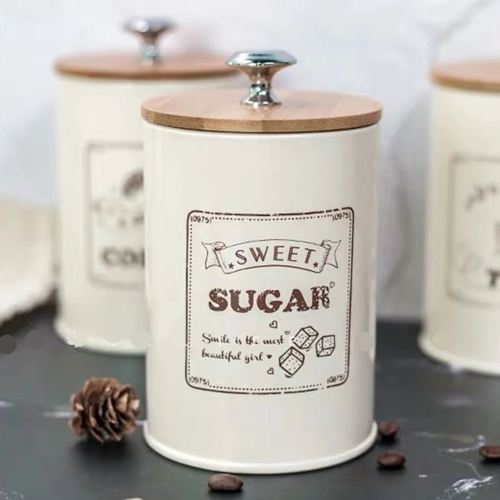 

Set of 3 Airtight Kitchen Canister Decorations with Lids, Beige Metal Farmhouse Decor Containers for Sugar Coffee Tea Storage