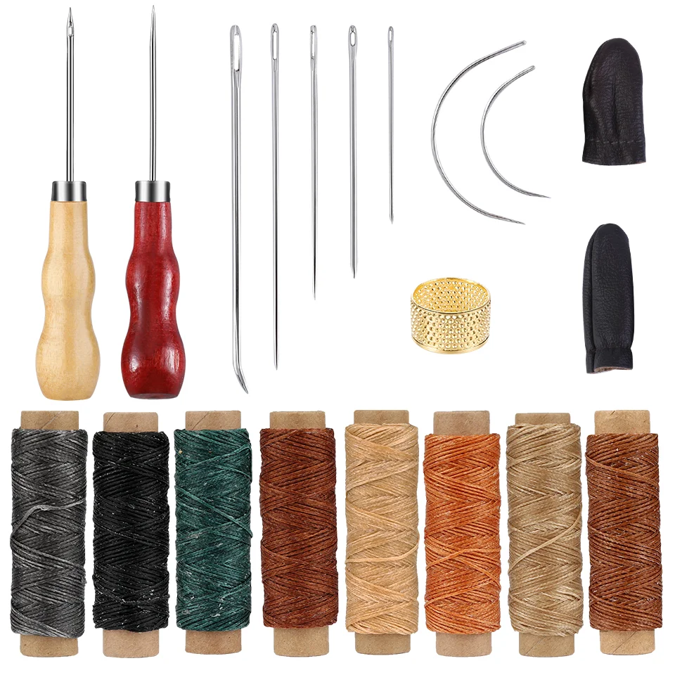 

Fenrry Leather Sewing Kit DIY Leather Craft Tools with Large-Eye Stitching Needles Waxed Thread Wooden Handle Awls Thimble