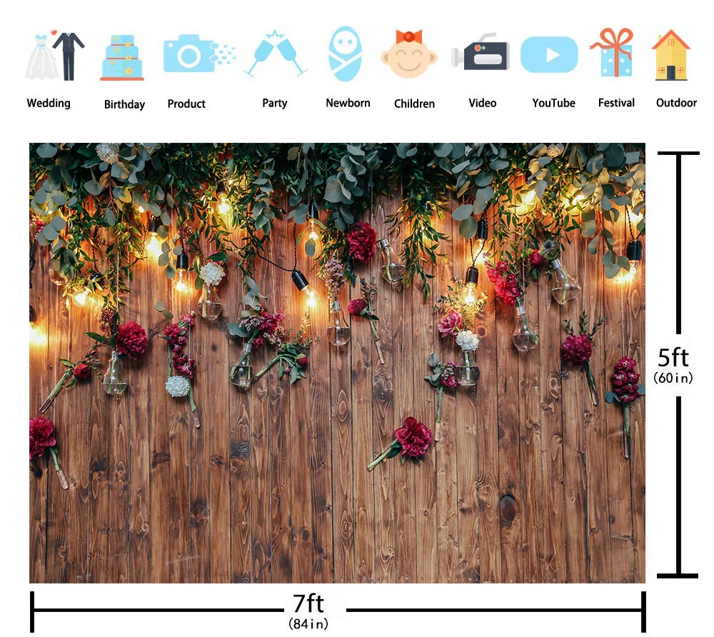 

Rose Flower Vintage Wooden Floor Happy Birthday Backdrops Sparkling Lights Party Decoration Photography Background Props