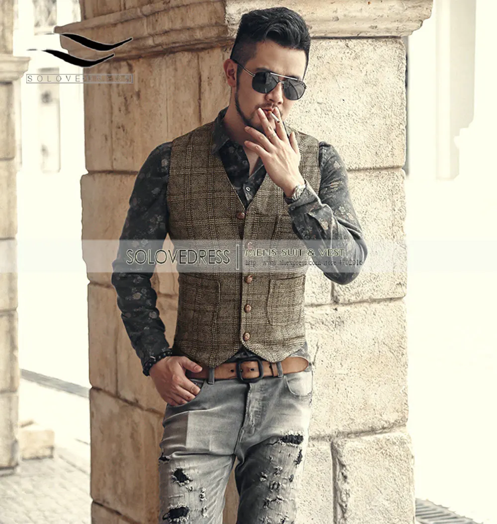 Solovedress мужской Клетчатый жилет свадебный для шафера облегающий однобортный
