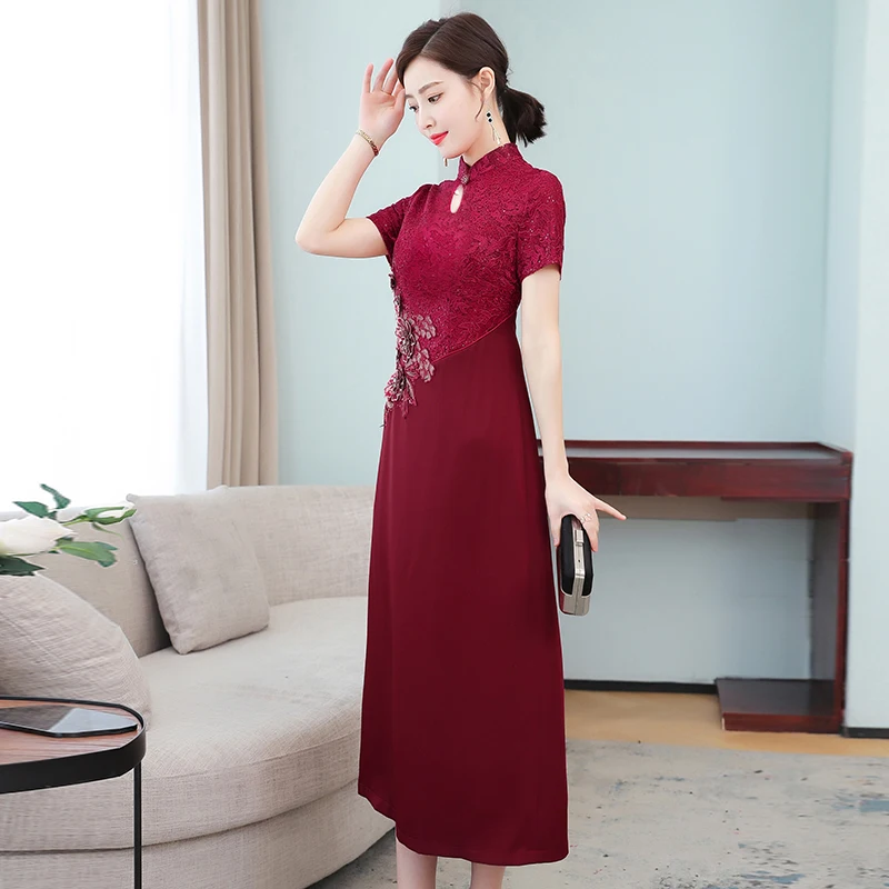 

Женское платье с коротким рукавом и воротником-стойкой, винного цвета
