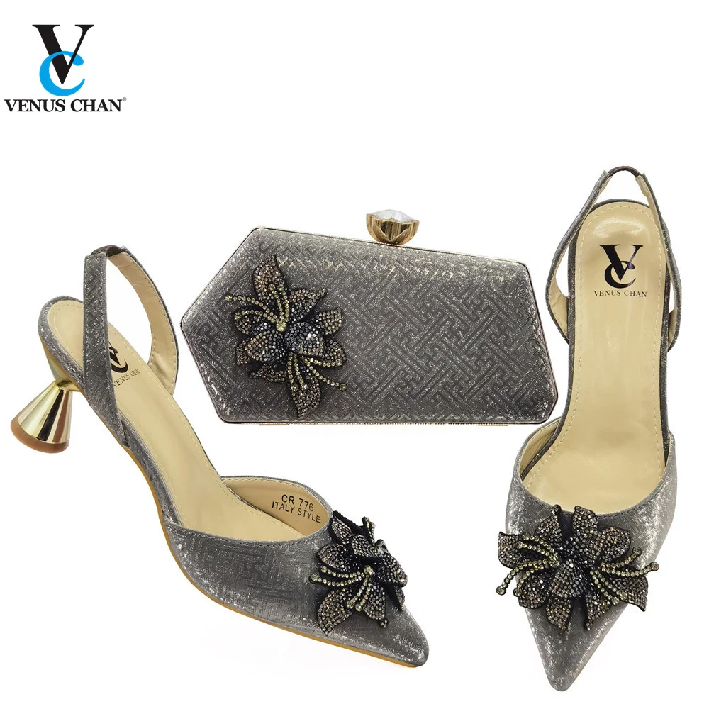 

Fashionable Nigerian Sandals and Bag Set Italian Mature Style New Arrivals Slingbacks Shoes for Royal Party in Gray Color