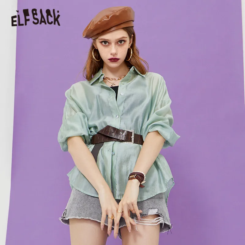 

ELFSACK однотонная шикарная однобортная повседневная женская рубашка в минималистическом стиле 2021 летний винтажный стильный корейский Женск...