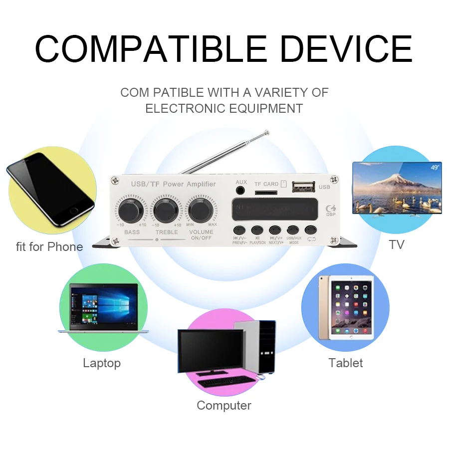 Автомобильный усилитель мощности 470BT 2CH Hi-Fi FM-радио SD USB DVD MP3 AUX | Автомобили и