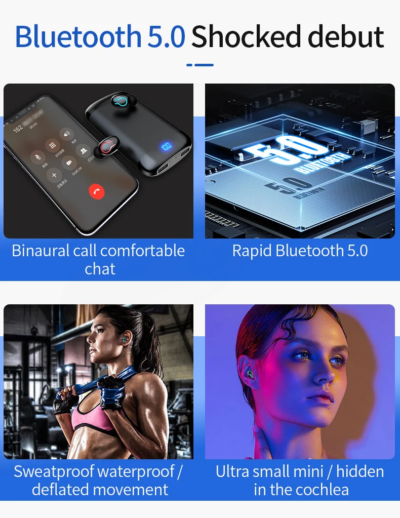 Q66 беспроводные V5.0 Bluetooth наушники HD стерео наушники спортивная водонепроницаемая гарнитура с двойным микрофоном и 6000 мАч чехол для зарядки аккумулятора