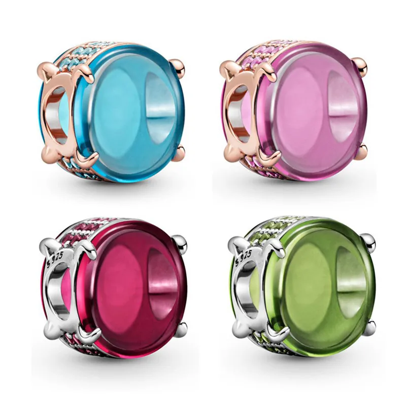 

2021 New Valentine's Day Four Colors Oval Cabochon Charm Charms 925 Sterling Silver Fit Bracelets Gift DIY For Women Jewelry