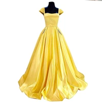 backless yellow satin a line cap sleeves prom dresses long beaded formal bridal gowns for women formal plus size with pockets