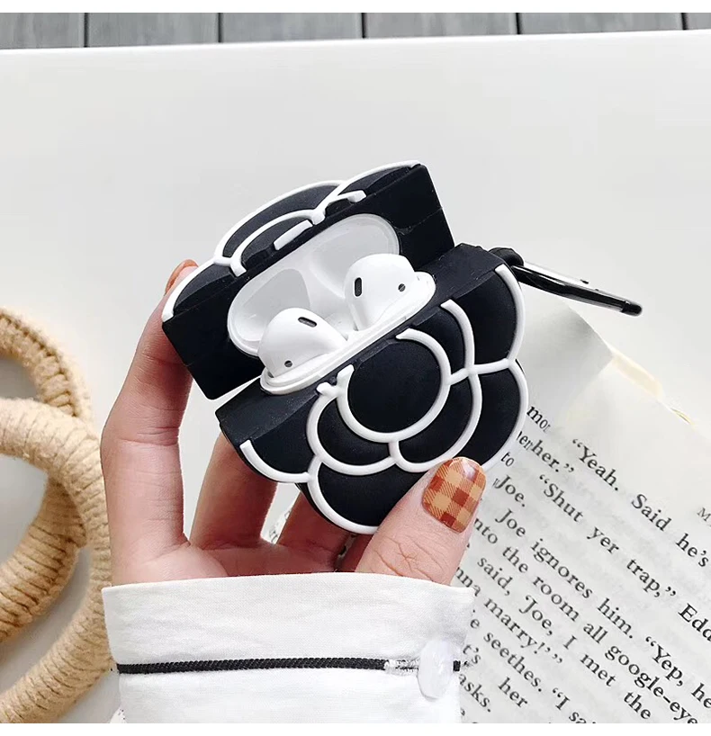 Case for AirPods Cartoon Earphone Cases Apple 1 2 Cute Accessories Protect Cover with Keychain Black Camellia Design | Электроника