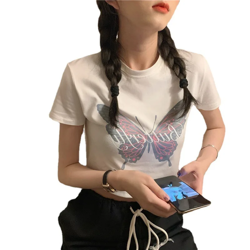 

Top Women's t-shirts summer traf white print butterfly pattern short harajuku slim short sleeve slimming top y2k woman tshirts
