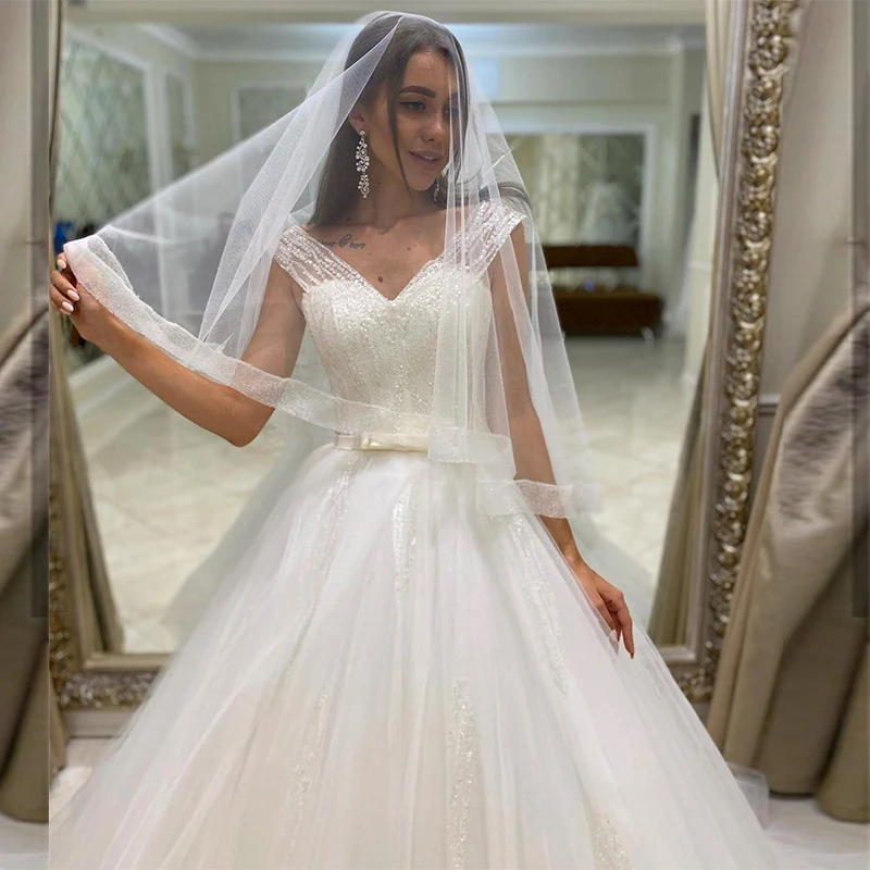 MoonlightShadow Stunning Wedding Dresses A-Line V-Neck Spaghetti Straps Crystal Bow Sashes Tulle Bridal Gown Vestido De Novia
