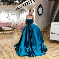 eightree navy blue spaghetti strps prom dress satin long a line backless night party dress floor length pleated evening dress