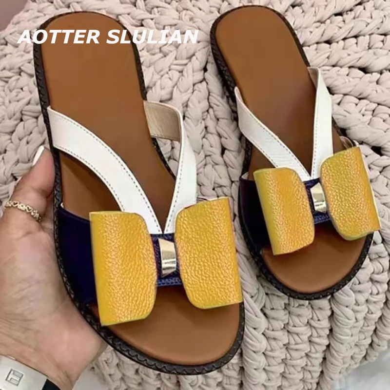 

Fashion Bowknot Womens Slipper Casual Summer Sandals Platform Fur Slides Beach Shoes Zapatillas Mujer Flip Flops Open Toe Loafer