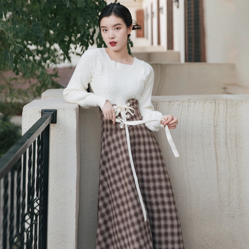 

2021 new fashion women's clothing empire vintage Plaid woman skirts long skirts for women sweater Two-piece suit