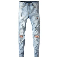 american street fashion men jeans retro light blue elastic slim fit ripped jeans men patchwork designer hip hop denim punk pants