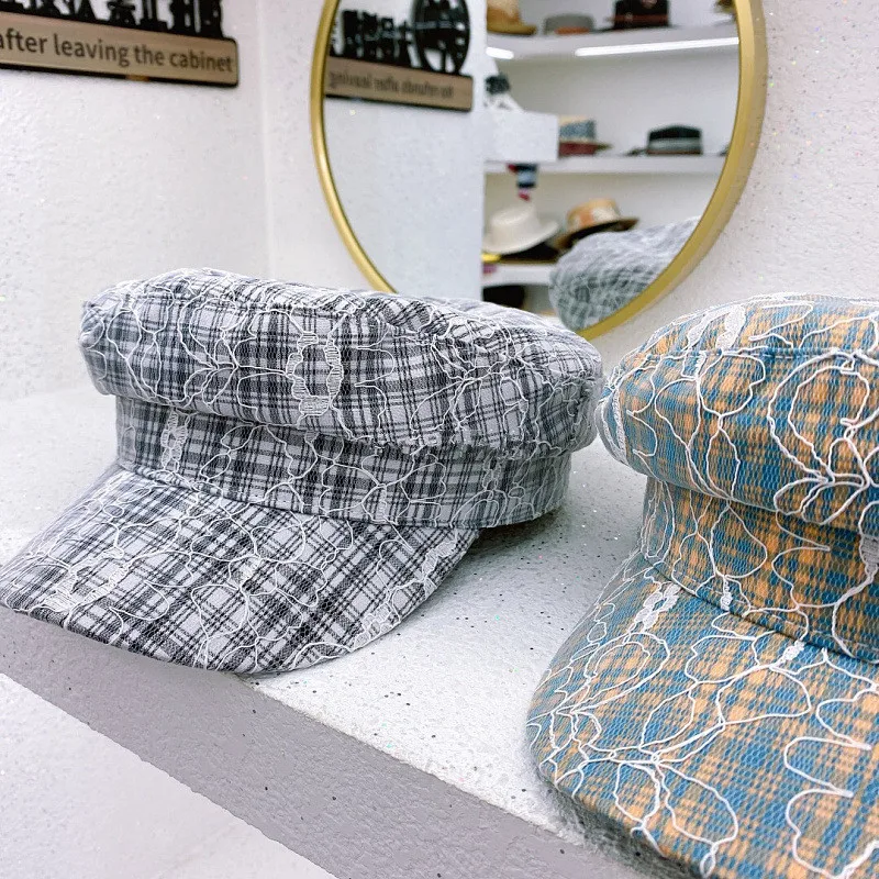 

202106-weimin new street plaid lace flower lady leisure Octagonal hat women visors cap