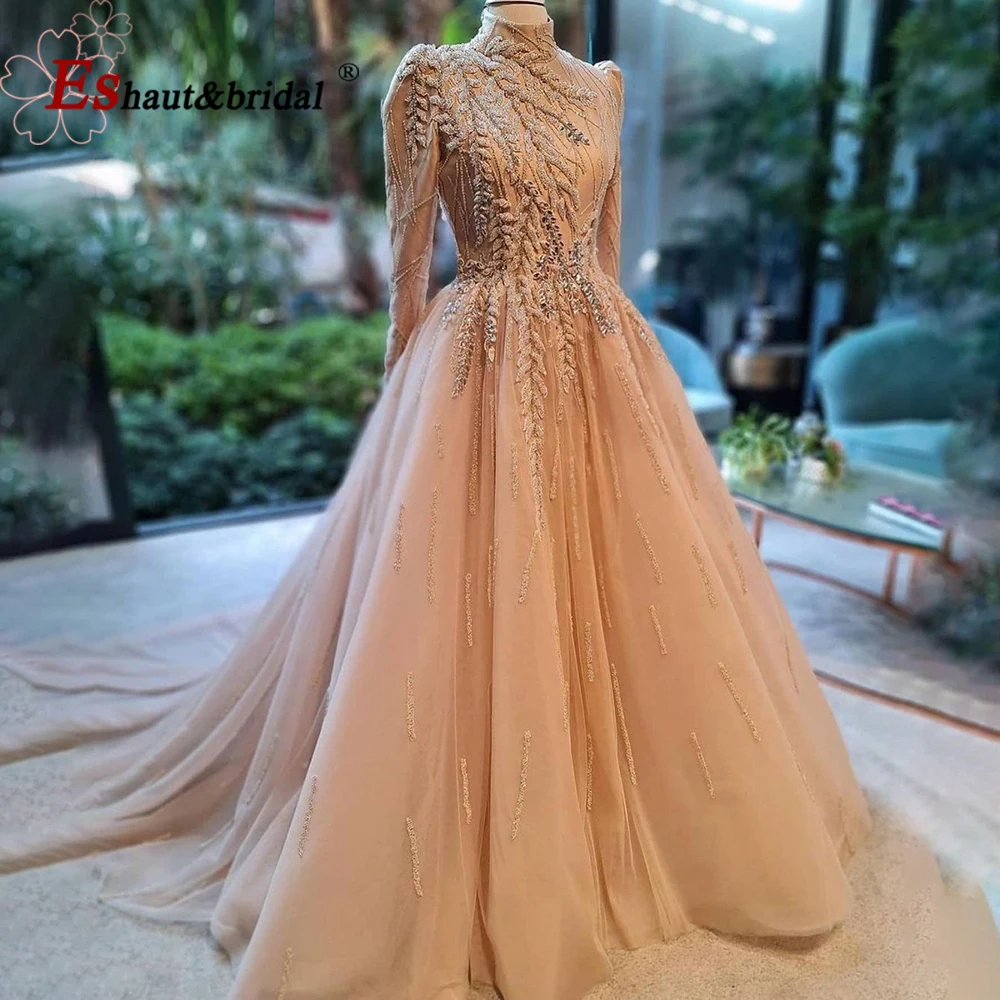 

Muslim Gold Luxury Evening Dress for Women 2021 Long Sleeves Aline High Neck Beading Handmade Formal Party Gowns