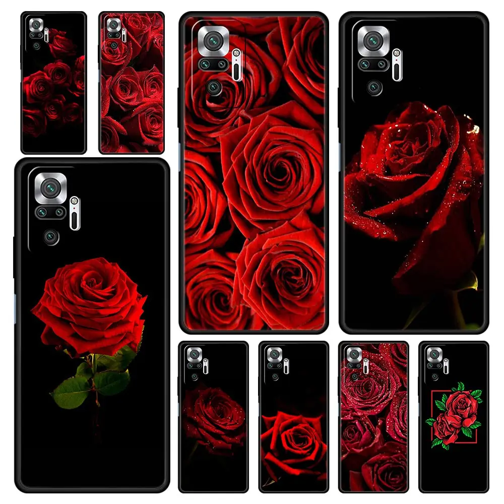 

Bright Red Rose Flowers Funda For Xiaomi Redmi Note 9S 9 8 11 10 Pro 7 8T K40 9C 9A 7A 8A Black Soft Silicone Phone Coque Cover
