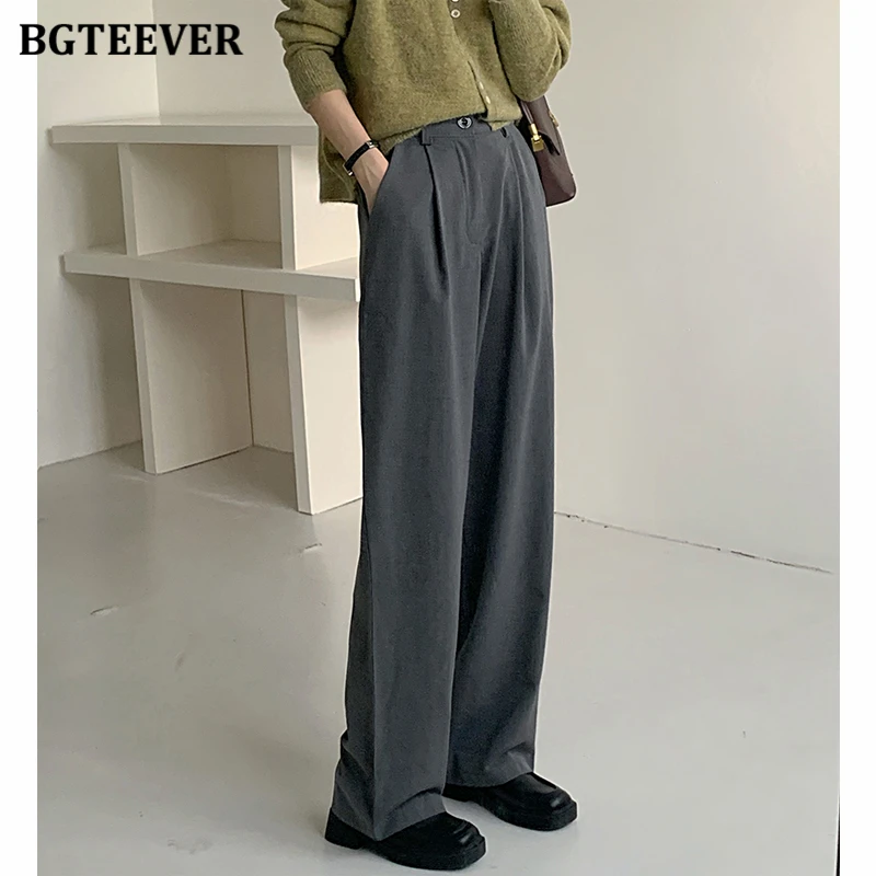 

BGTEEVER Chic Stylish High Waist Pockets Women Suit Pants 2021 Autumn Winter Fashion Loose Women Wide Leg Trousers