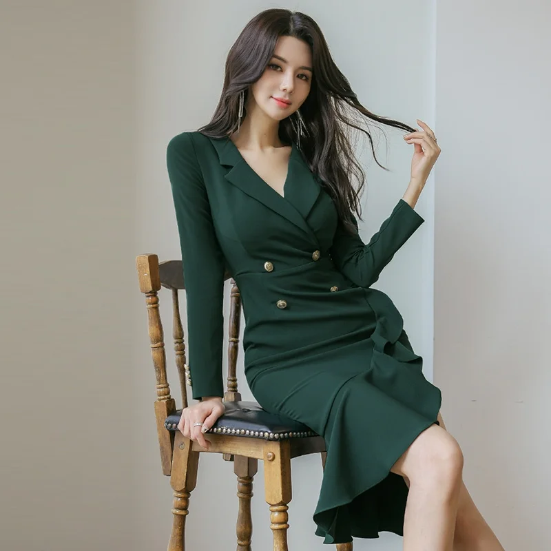 

Женское платье, осенняя одежда, новинка 2021, Модная элегантная облегающая двубортная юбка с оборками и отложным воротником и длинным рукавом...