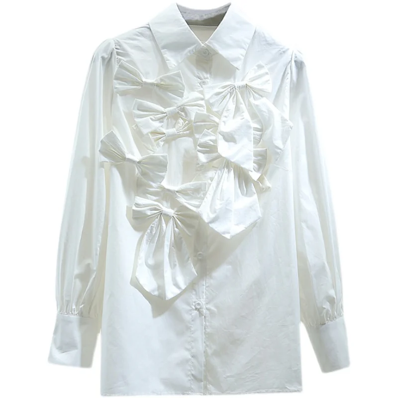 

Personalized Bow Shirt Women 2021 Spring Korean Style Loose Temperament Pure Color Long Sleeve Blouse Lady Blusas White Black
