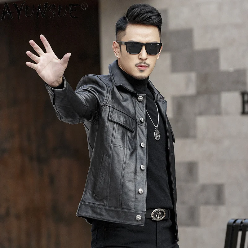 Куртка мужская из натуральной кожи мотоциклетная куртка воловьей верхняя одежда