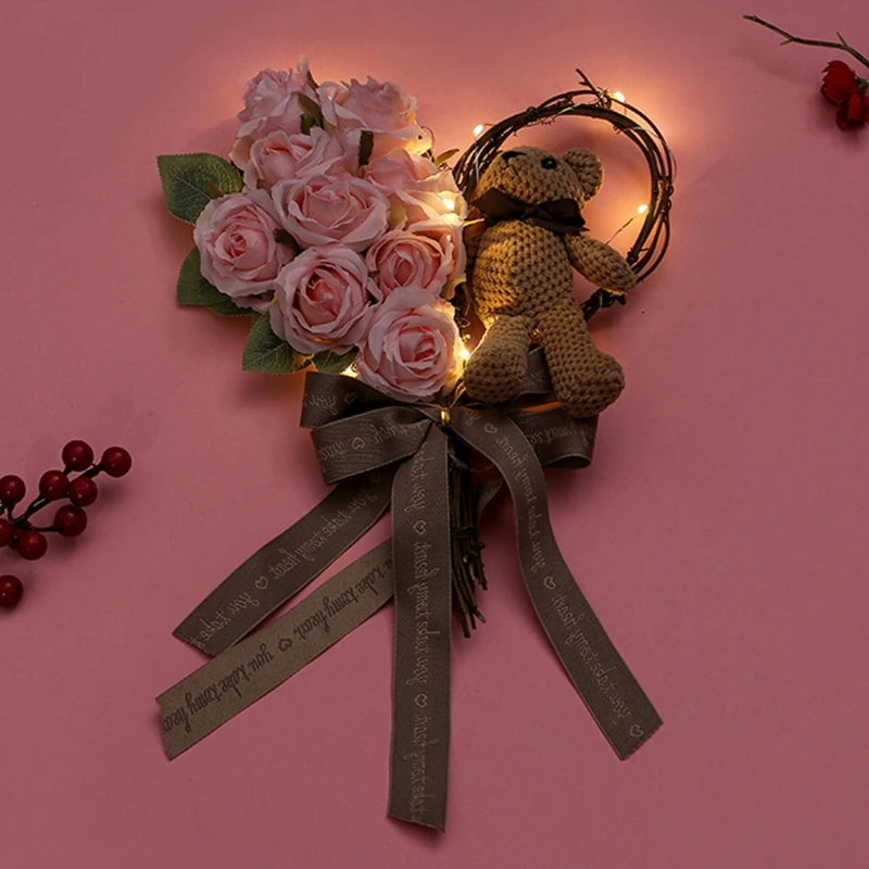 

Artificial Flower Bear Roses Valentine's Day Wreath With Light for front Door A9LB