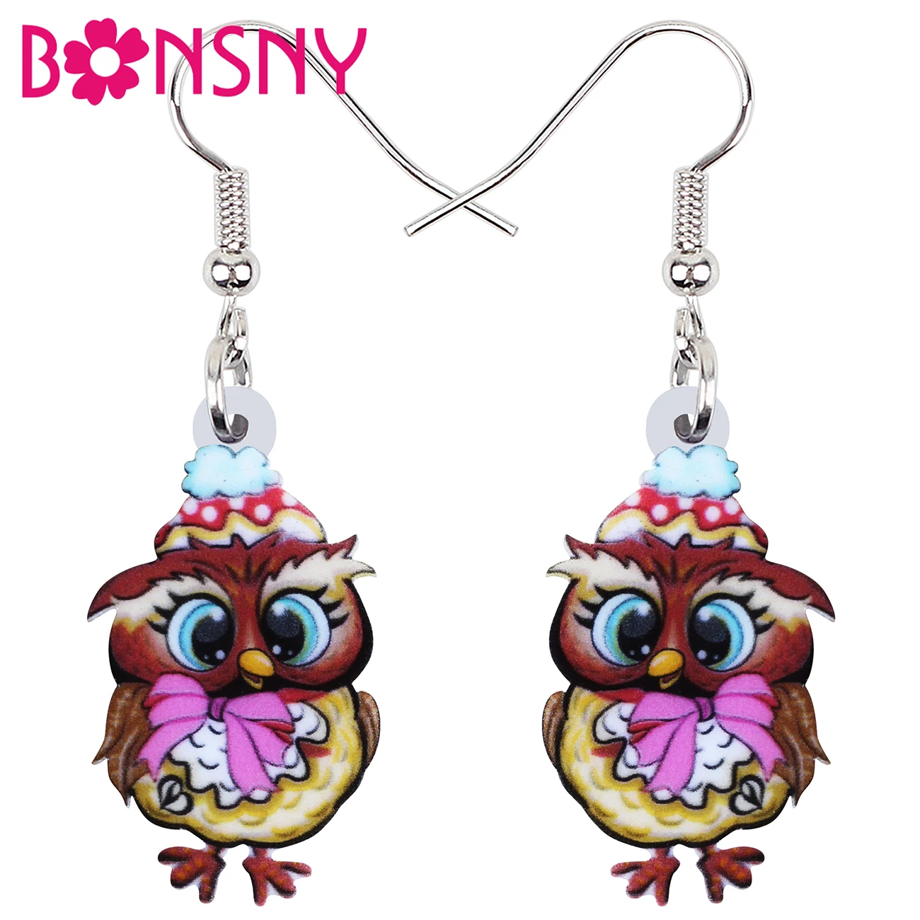 

BONSNY Acrylic Sweet Bow Knot Lady Night Owl Earrings Fashion Drop Dangle Bird Jewelry For Women Child Teens Girls Charms Gifts