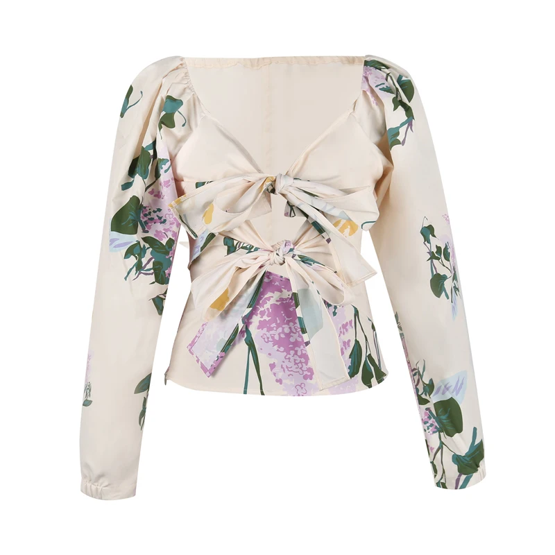 

Boho Summer Women Fashion Prints Blouse Chiffon Vacation Shirts Casual Drop-Should Sleeve Bandage Bow V Blouses Femme Outfits