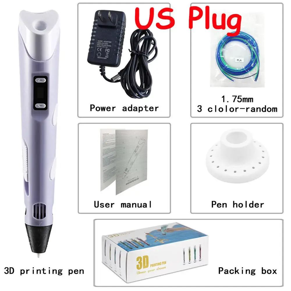 Purple US EU/UK/US/AU Plug 3D Ручка для печати 1,75 мм PLA/ABS умные 3D ручки для рисования детские игрушки для рисования Детские Картины Сделай Сам ручка подарки - Цвет: Purple US
