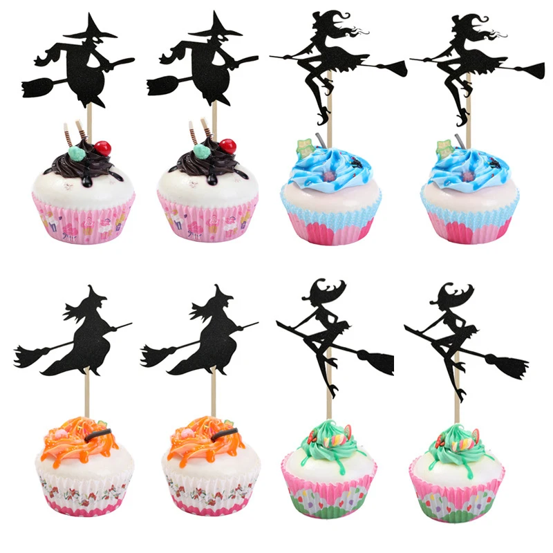 Birthday Cake Decor Halloween Supplies Halloween Cupcake Toppers A Witch Ride On A Broomstick Cake Inserted Card For Kids