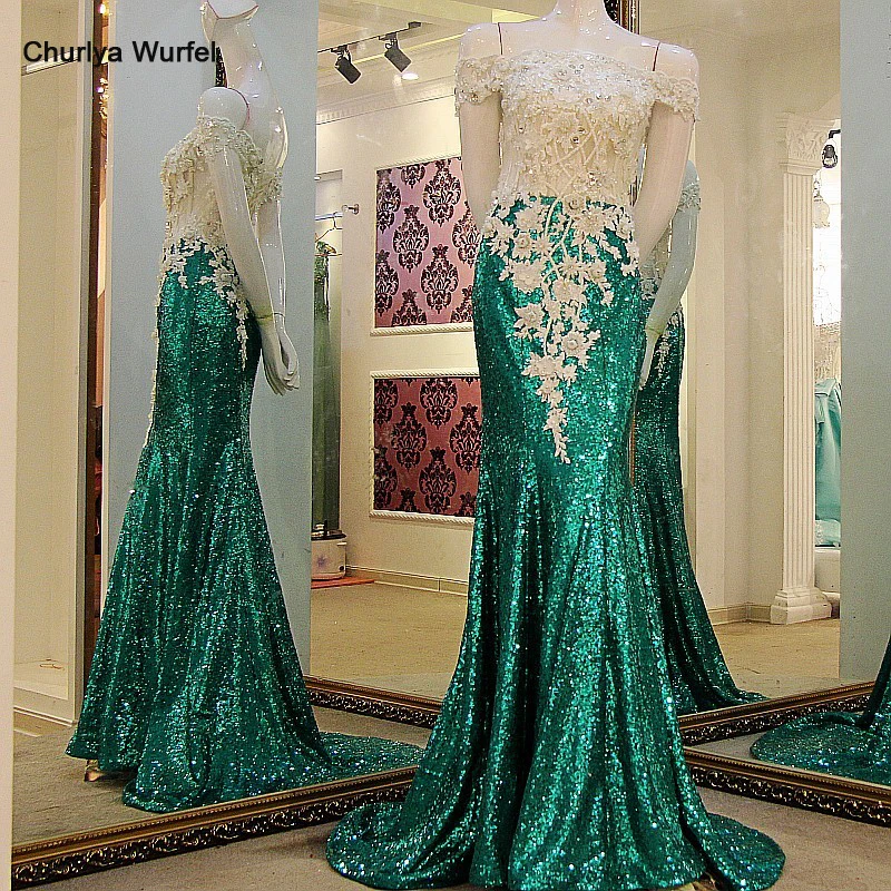 LS41199 Длинные Русалки Пром платья с плеча зашнуровать назад Sequins Кружева Топ Темно-зеленый вечер вечернее платье Реальные фотографии