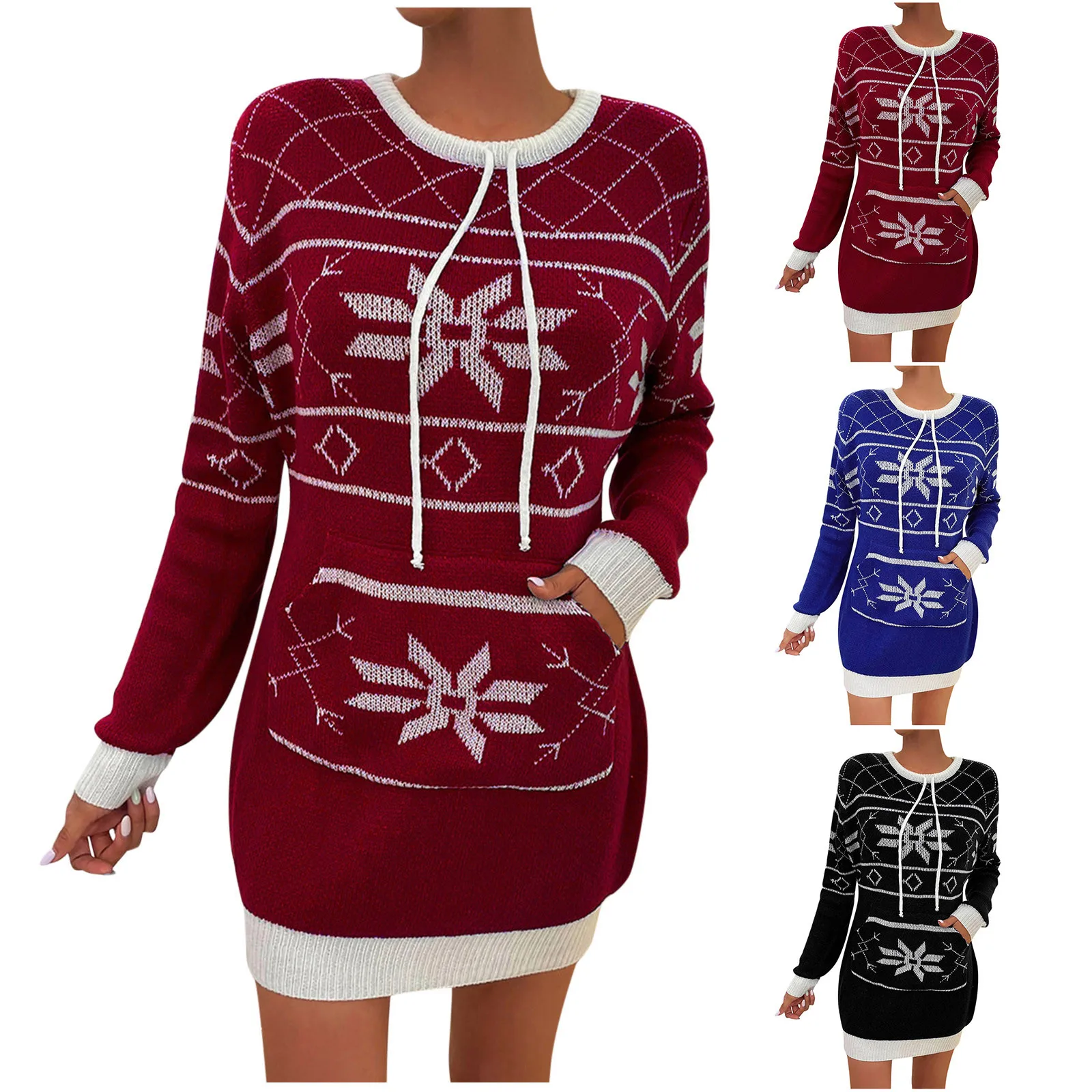 

Christmas Women'S Crewneck Sweater Wrapped Skirt Lantern Sleeve Color Block Striped Knitted Long Dress Sweater Tops
