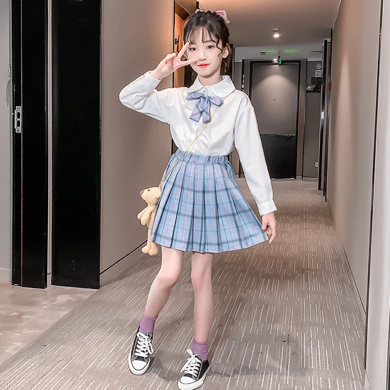 

Tie Spring Summer Girls Suit Shirt+Short Skirt 2Pcs/Sets Teenage Children's School Clothing Kids Party White High Quality 2021