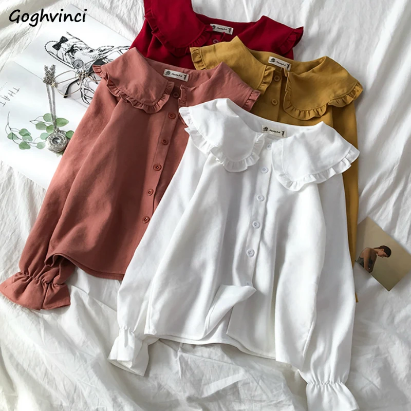 Рубашки Женские однотонные туфли в стиле Питер Пэн с рюшами на воротнике