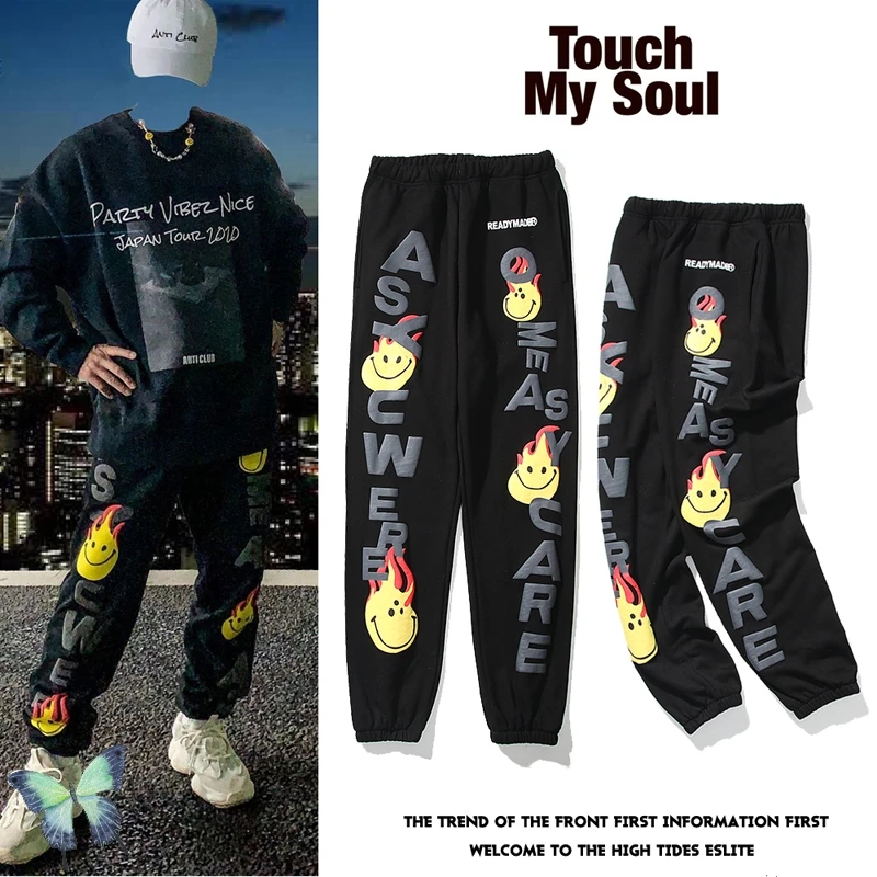 

Kapital The Smiley Face Logo Printing Sweatpants Men Women Flame Smiley Three-dimensional Relief Printing Trousers free shipping