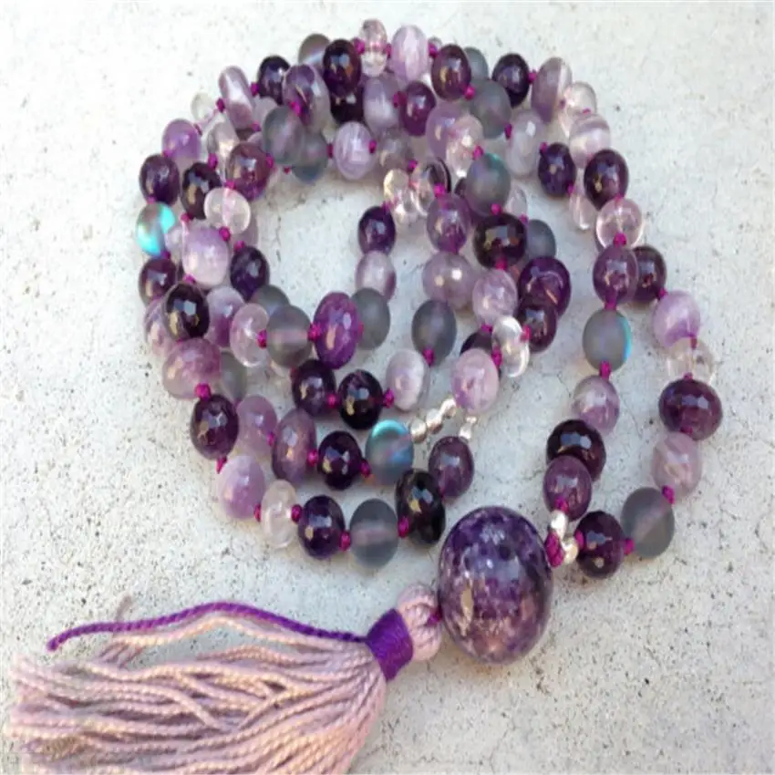 

6MM Amethyst Moonstone Gemstone 108 Beads Mala necklace Wrist Healing cuff Veins pray energy Meditation Fancy Wristband Buddhism