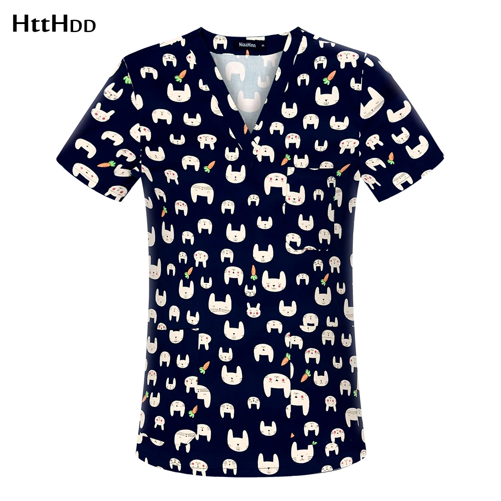 

Fashion Personalized Scrub Bathroom V-neck Workwear Print Leisure Top Hair Salon Beauty Salon Cotton Medical Scrub Workwear Top