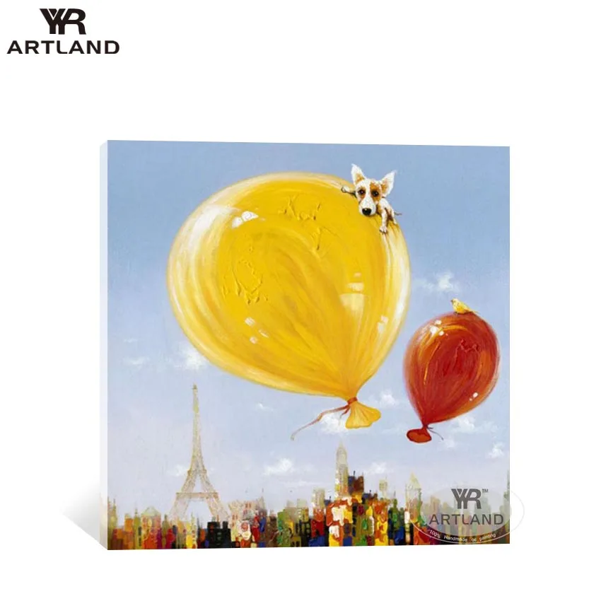 

Unique gift Handmade abstract oil painting on canvas Dog on the balloon wall art picture for living room children's room unframe