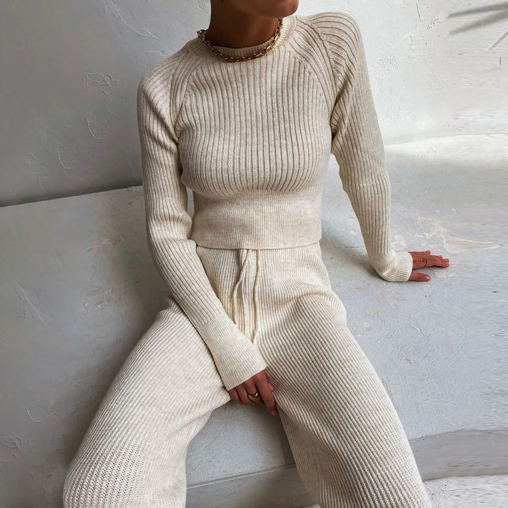 

2021 Women's Knitted Tracksuit Sweater Solid Color Round Neck Long Sleeve Outfits Y2K Casual Striped Suit Warm Two Piece Sets