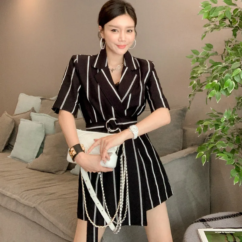 

Summer OL Rompers 2021 New Arrival Korean Style Office Lady Short Sleeve Notched Collar Fashion Striped Jumpsuit Female + Lacing