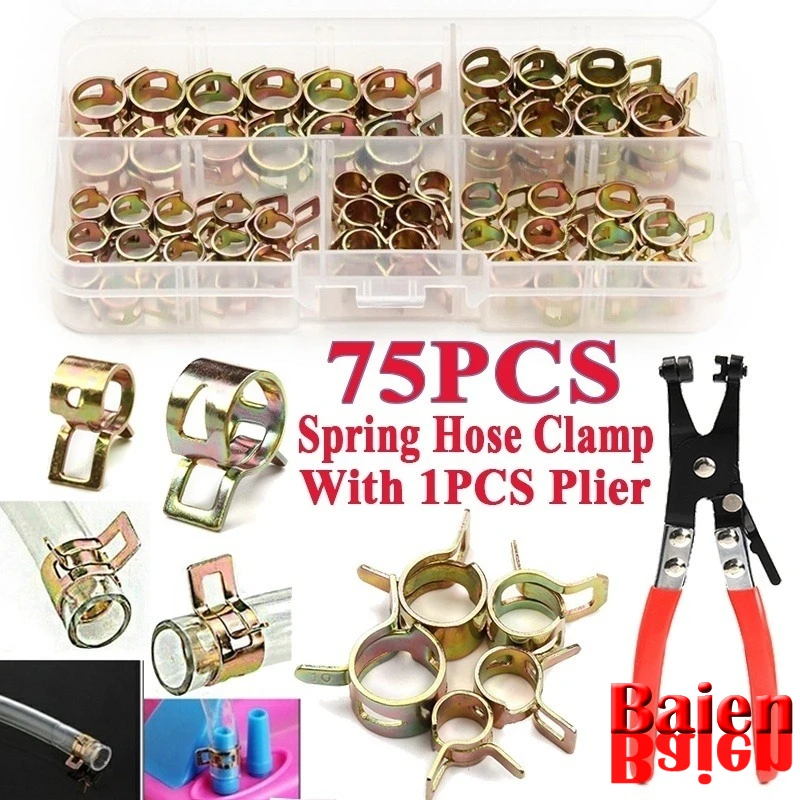 

75 PCS Zinc Plated 6-22mm Spring Hose Clamps + 1PC Straight Throat Tube Clamp for Band Clamp Metal Fastener Assortment Kit
