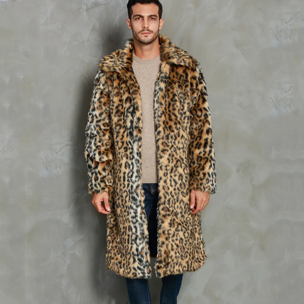 Men Faux Fur Coats Autumn Winter New Men's Lapel Neck Long Sleeve Imitation Leopard Fur Long Coat Fashion Streetwear Men's Coat